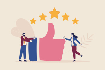 Recommendation, like or business feedback, office reputation, customer feedback or announce best quality promotion, recommend career concept, business people announce on megaphone with thumbs up.