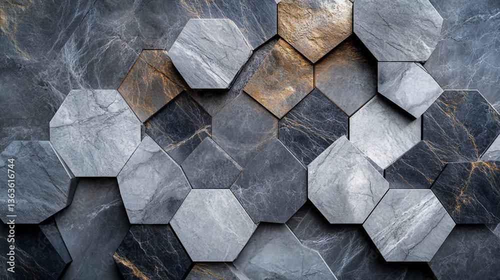 Poster abstract arrangement of gray and gold hexagonal tiles with a marble like texture background pattern