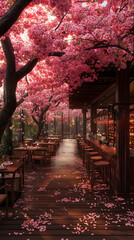 Spring Dining Paradise: Cherry Blossoms Adorn Outdoor Restaurant Terrace Amidst Vibrant Scenic Landscape