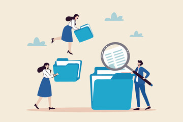 Document, content or research paper, documentation file folder storage, report or paperwork, search or file archive, office contract concept, business people working with paper document file folder.