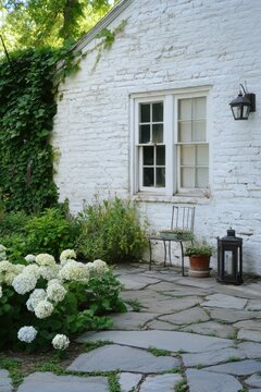 Charming garden corner with white hydrangeas and a rustic chair beside a tranquil stone pathway during a sunny afternoon