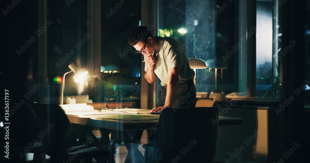 Poster architecture, night and man in office thinking for urban planning, property design and floorplan. cr