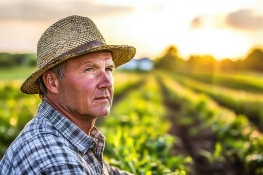 Portrait of a thoughtful farmer in a straw hat, contemplating the sunset over his crops, wearing a checkered shirt and standing in his field.