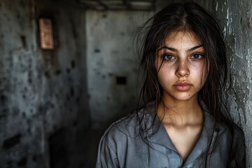 Fototapeta premium A haunting portrait of a young woman with a poignant gaze, capturing a sense of vulnerability and resilience amidst a distressed background, conveying raw emotion.