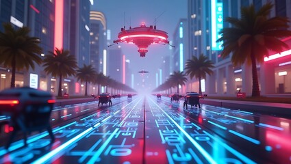 Advanced Drone Technology in a Futuristic Urban Environment with Palm Trees