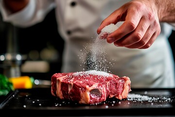A chef expertly sprinkles salt on a succulent steak placed on a wooden countertop. Fresh herbs and colorful vegetables are nearby, hinting at a gourmet dish in progress