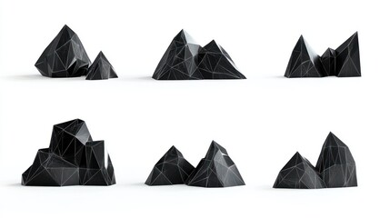 Low-poly black mountains, 3D render, white background, design element