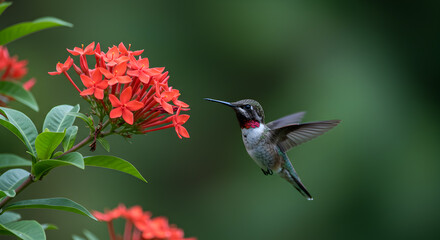Fototapeta premium Hummingbird in flight approaches vibrant red flowers in a lush garden setting