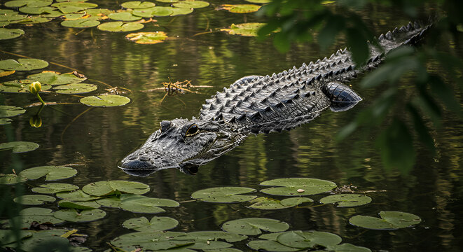 American alligator gliding through tranquil water dotted with lily pads serene wildlife