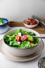 Greek salad with fresh tomatoes, cucumbers, lettuce, feta cheese and seeds.