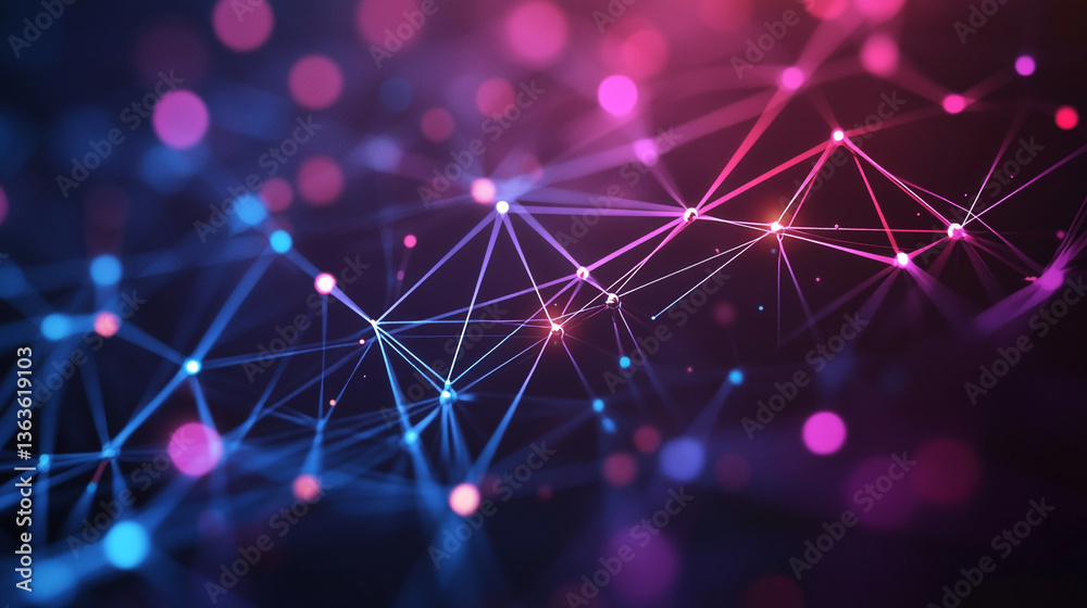 Poster abstract network with connected dots and lines in blue and purple on a dark background creating a se