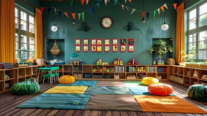 Kindergarten classroom with playful and educational decorations