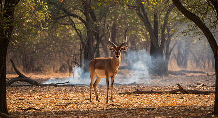 Majestic Four-Horned Antelope Standing Tall in the Warm Hues of Dry Deciduous Forest