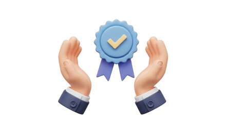 Isolated Two Hands Holding a Blue Ribbon Badge