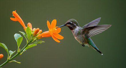 Fototapeta premium Hummingbird sipping nectar from vibrant orange trumpet vine blossoms mid-flight