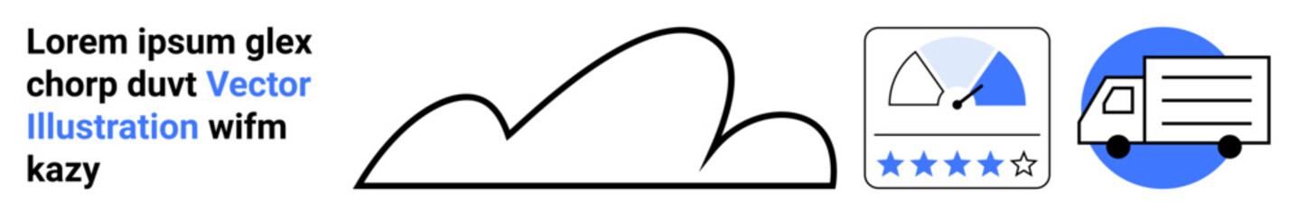 Black outlined cloud, gauge with rating stars, and delivery truck icon. Ideal for data analytics, logistics, service review, cloud computing, transportation, customer satisfaction simple landing