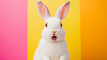Obraz premium Funny surreal shocked white bunny on colorful background, whimsical and expressive rabbit with exaggerated emotions in vibrant fantasy art