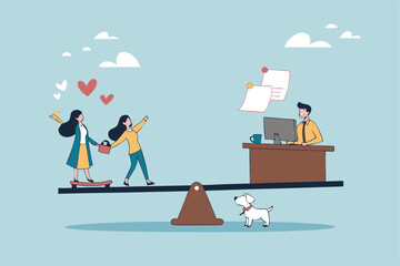 Work life balance, choose between family or hard work to be success, career opportunity or spend time with family, decision or responsibility concept, seesaw compare between family and man work hard.