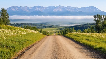 Fototapeta premium Dirt road stretches into the horizon, leading to mountains and misty valleys