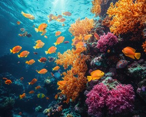 Naklejka premium Vibrant coral reef teeming with colorful fish in a sunlit underwater scene