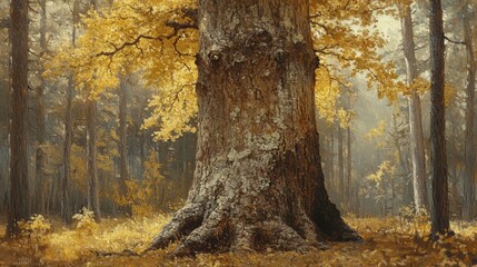 Close-up of an ancient tree trunk with deep, rugged bark, cracks, and moss, bathed in golden light