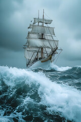 Obraz premium Tall ship sails through stormy waters, battling crashing waves under dark skies