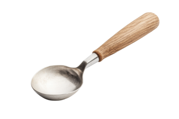 Stainless steel ice cream scoop with wooden handle isolated on black background, cut out