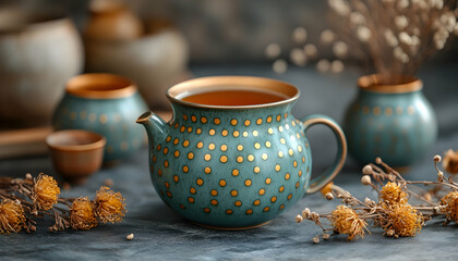 Tea service blue and gold teapot, cup, vase, dried florals on textured surface