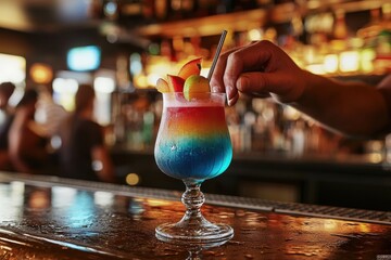 A bartender preparing a vibrant, layered rainbow cocktail with fresh fruit slices on a wet bar counter, creating a colorful and inviting drink for patrons.