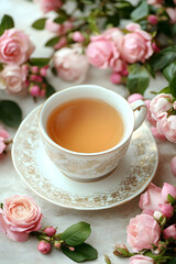 Tea time Warm drink in a fancy cup surrounded by pink roses, greenery
