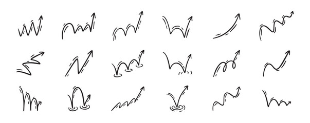 Bounce effect arrows doodle set. Manga and comic stile arrow design elements. Ball jump trajectory, ball motion expression