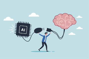 AI machine learning, neural network technology or human to work together with AI artificial intelligence, innovation technology concept, businessman connect human brain with AI chip processing unit.