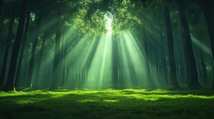 Obraz premium Sunlight streams through a lush forest canopy, illuminating a verdant floor