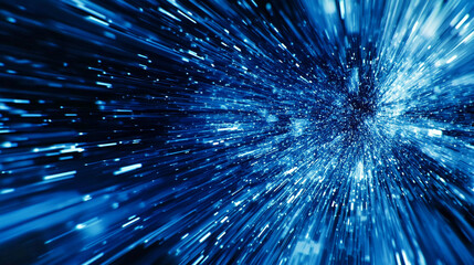 Abstract blue light streaks creating a sense of speed and movement through a digital space tunnel