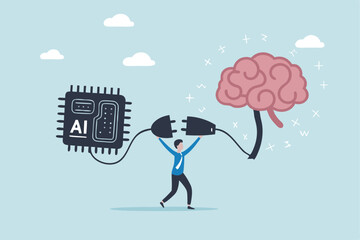 AI machine learning, neural network technology or human to work together with AI artificial intelligence, innovation technology concept, businessman connect human brain with AI chip processing unit.
