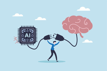 AI machine learning, neural network technology or human to work together with AI artificial intelligence, innovation technology concept, businessman connect human brain with AI chip processing unit.