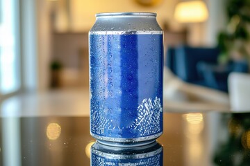 A chilled blue aluminum can with water droplets on a reflective table, set against a blurred domestic interior background, perfect for illustrating refreshment and modern lifestyle.