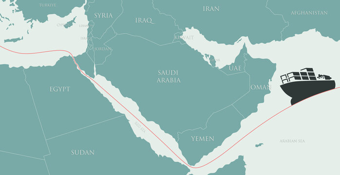 Route of merchant ships transporting goods through the Red Sea on the map. Bab-el-Mandeb Canal. A trade route connecting Asia and Europe. Suez Canal. Arab countries on the map.