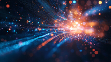 Obraz premium A vibrant display of blue and orange light streaks with bokeh effects on a dark background scene