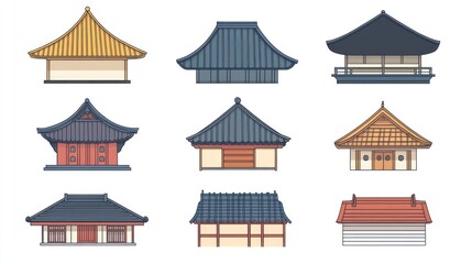 Asian temple architecture styles; illustrations for design