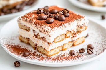 A square piece of layered dessert features creamy mascarpone and coffee-soaked layers, topped with cocoa powder and coffee beans, perfect for dessert lovers enjoying a sweet moment