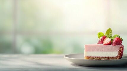  A plateful of cheesecake with strawberries arranged on top, resting on a white table beneath a window
