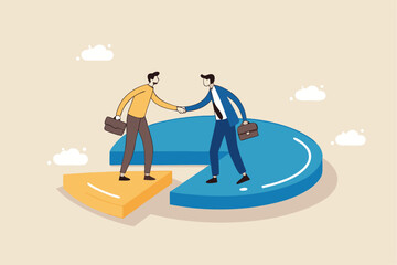 Shareholder or stakeholders, sharing benefits or merger and acquisition, partnership or collaboration, market share or agreement concept, businessmen handshaking on pie chart to share profit together.
