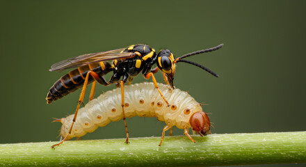 Ichneumon wasp parasitizing a host larvae showcasing natural biological control