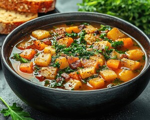 Hearty vegetable soup with diced squash and herbs in a black bowl, rustic setting
