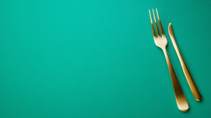 Elegant golden fork and knife arrangement on a teal backdrop, minimalistic