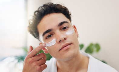 Man, portrait and skincare with cream in home, wellness and hydration benefits in morning. Bathroom, routine and male person with application for cosmetics, beauty treatment and moisturizer for face