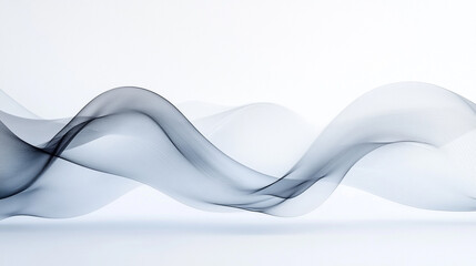 Abstract flowing wave design in shades of gray and white against a bright white plain background