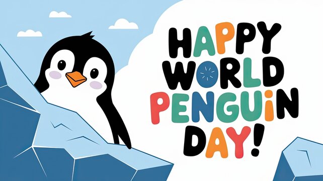 Cheerful illustration of a penguin for World Penguin Day, April 25. Celebrates and promotes awareness for penguins and their habitats. Wildlife, nature, environmental conservation themes