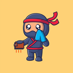 Cute ninja holding empty wallet cartoon icon illustration	